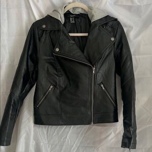 Forever 21 Black Leather Jacket with Gray Hood Small